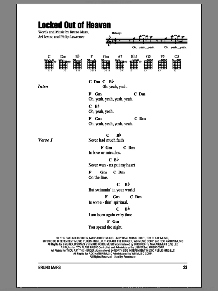 Locked Out Of Heaven sheet music for guitar (chords) by Bruno Mars, intermediate skill level