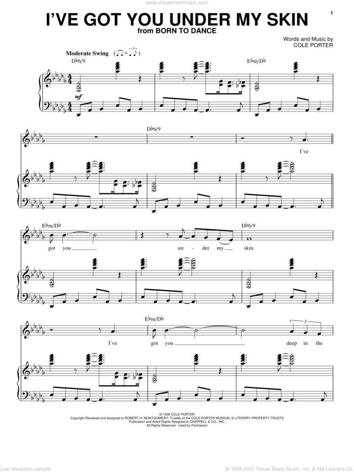 I've Got You Under My Skin sheet music for voice and piano by Frank Sinatra, Come Fly Away (Musical) and Cole Porter, intermediate skill level