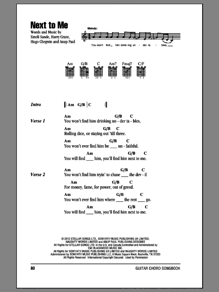 Next To Me sheet music for guitar (chords) by Emeli Sande, intermediate skill level