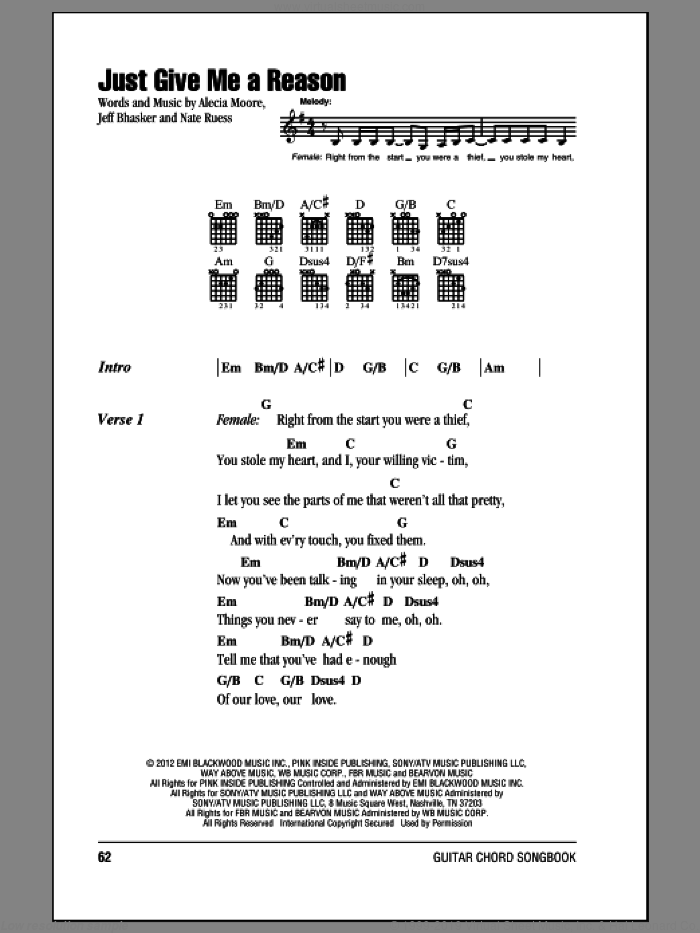 Just Give Me A Reason sheet music for guitar (chords) by Pink featuring Nate Ruess, intermediate skill level