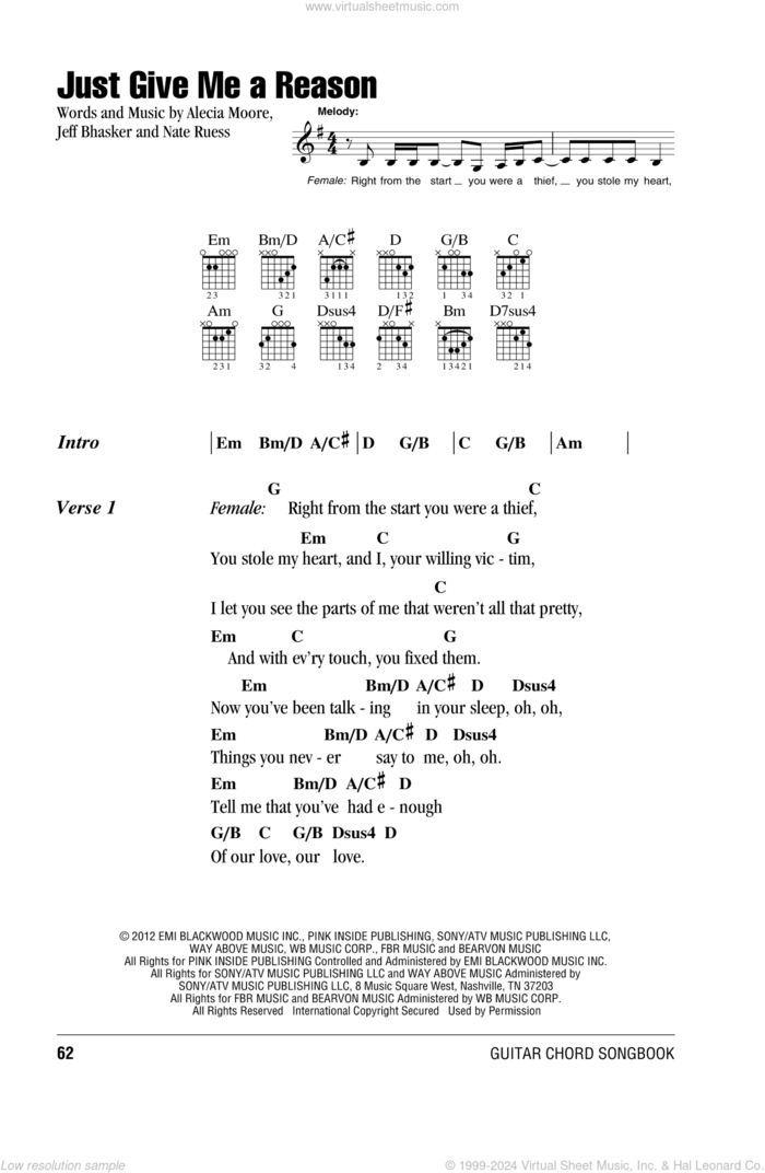 Just Give Me A Reason sheet music for guitar (chords) by Pink featuring Nate Ruess, intermediate skill level