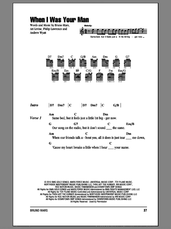 When I Was Your Man sheet music for guitar (chords) by Bruno Mars, intermediate skill level