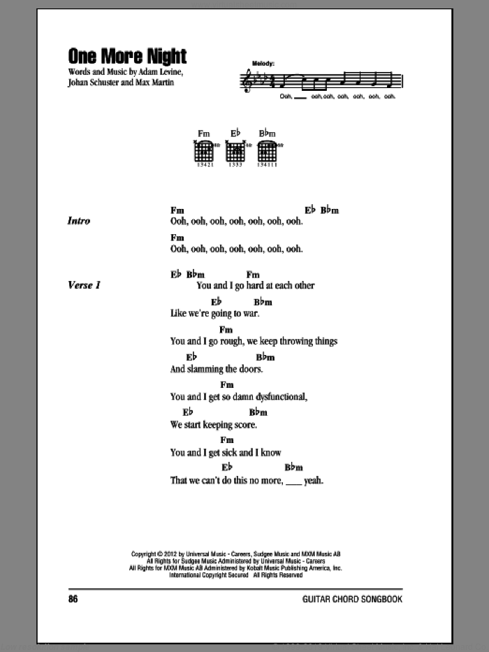 One More Night sheet music for guitar (chords) by Maroon 5, intermediate skill level