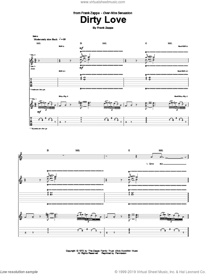Dirty Love sheet music for guitar (tablature) by Frank Zappa, intermediate skill level