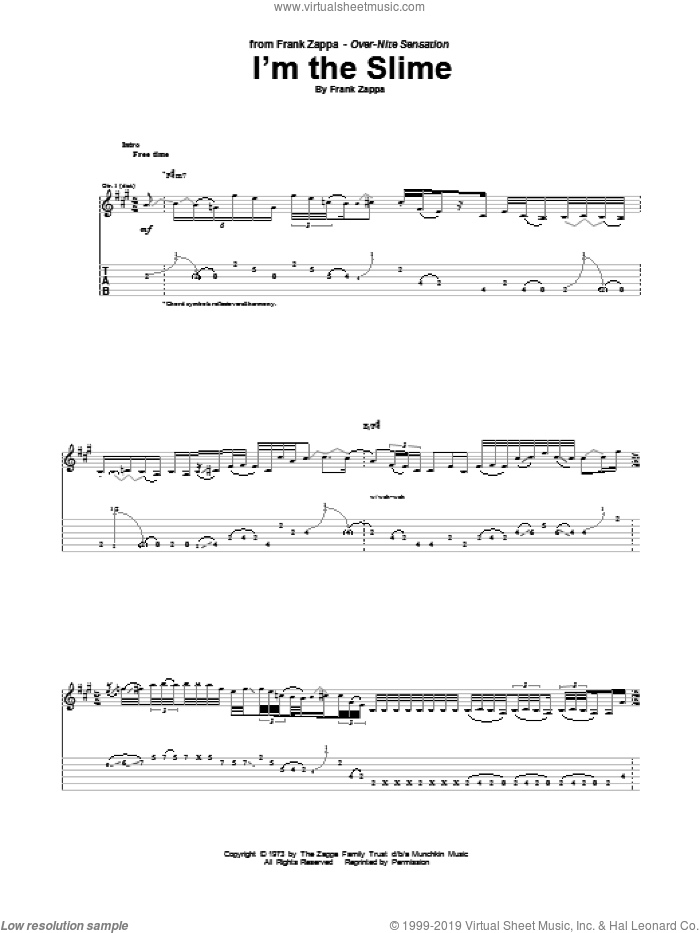 I'm The Slime sheet music for guitar (tablature) by Frank Zappa, intermediate skill level