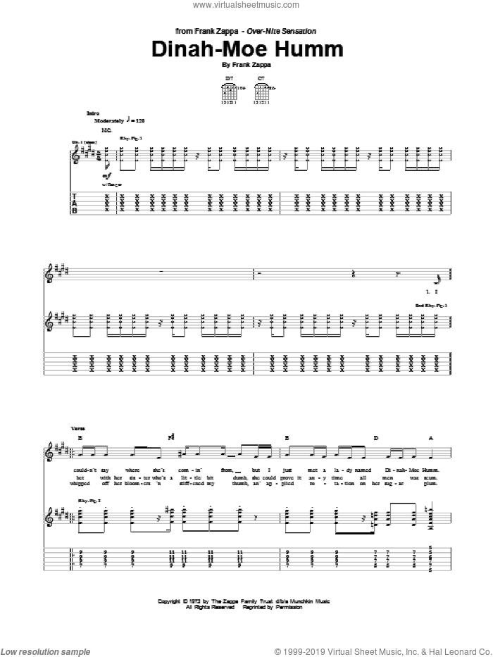 Dinah-Moe Humm sheet music for guitar (tablature) by Frank Zappa, intermediate skill level