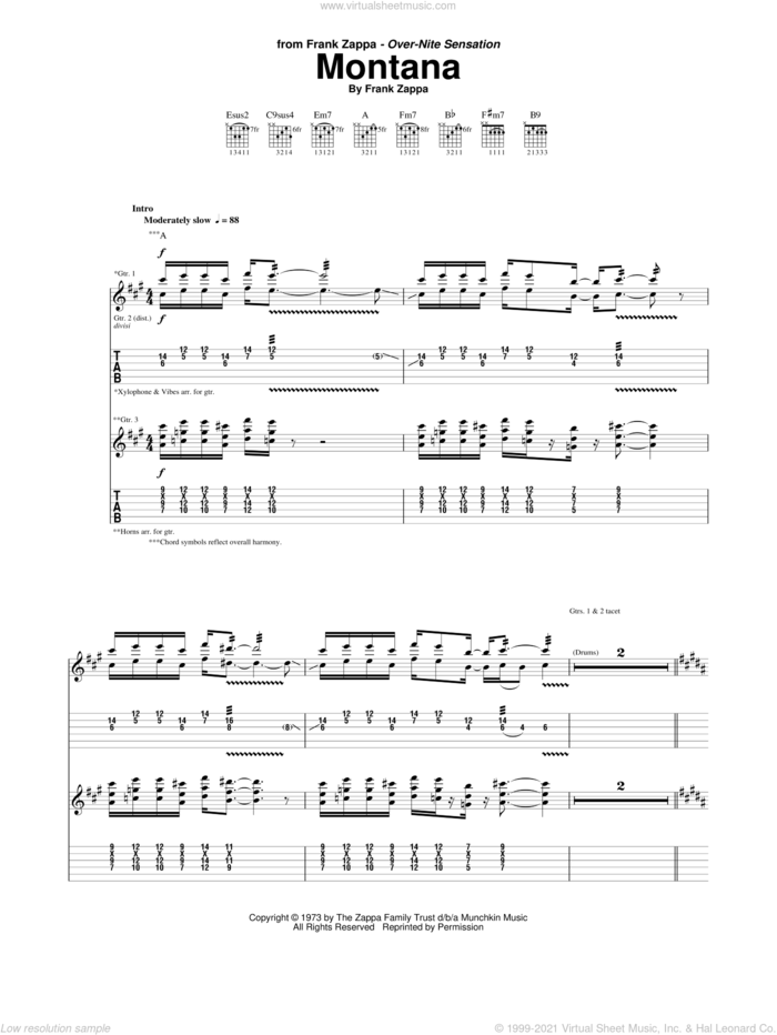 Montana sheet music for guitar (tablature) by Frank Zappa, intermediate skill level