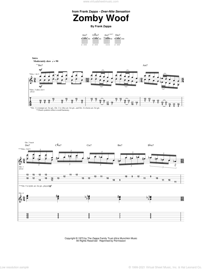 Zomby Woof sheet music for guitar (tablature) by Frank Zappa, intermediate skill level