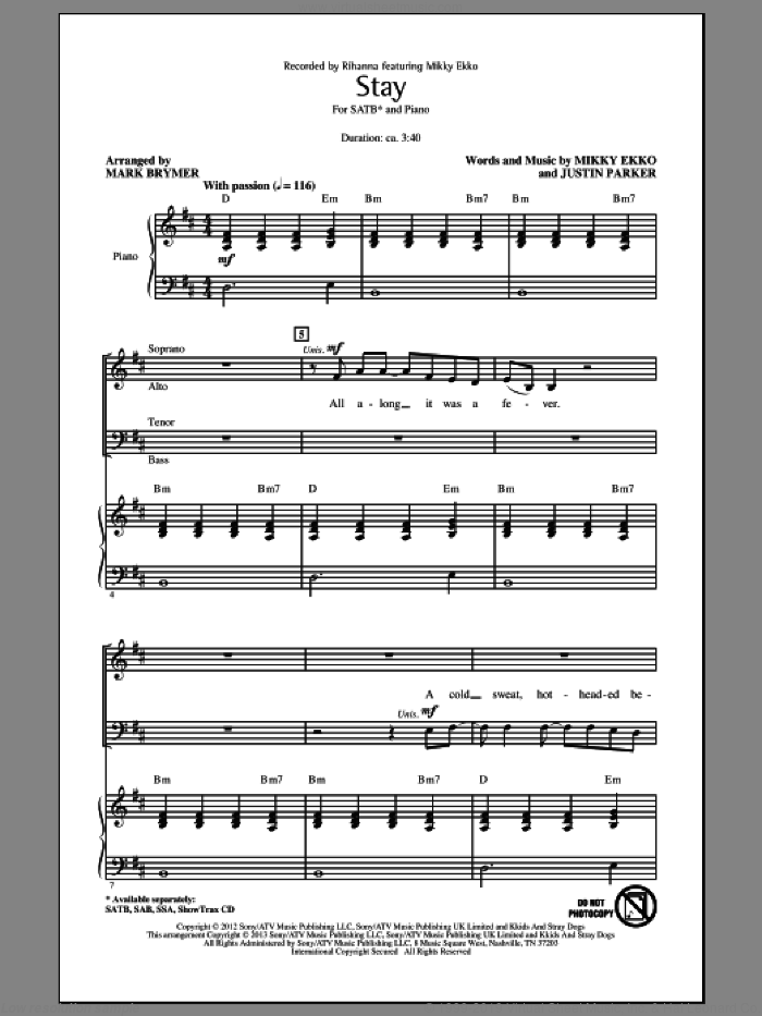 Stay sheet music for choir (SATB: soprano, alto, tenor, bass) by Mark Brymer and Rihanna, intermediate skill level