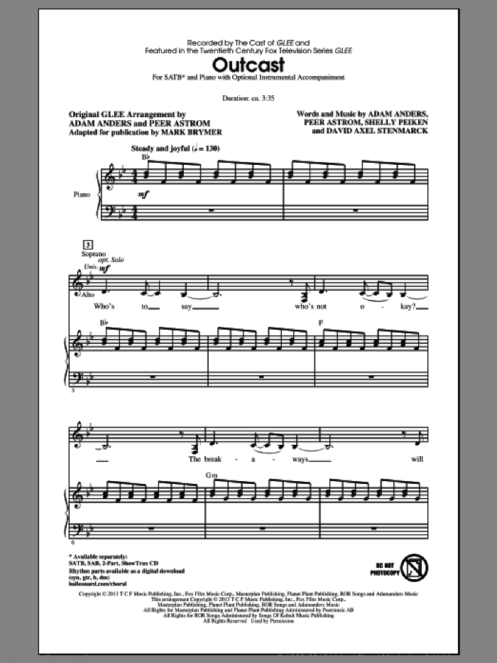 Outcast sheet music for choir (SATB: soprano, alto, tenor, bass) by Mark Brymer and Glee Cast, intermediate skill level