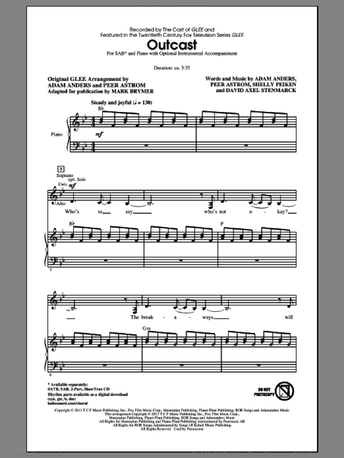 Outcast sheet music for choir (SAB: soprano, alto, bass) by Mark Brymer and Glee Cast, intermediate skill level