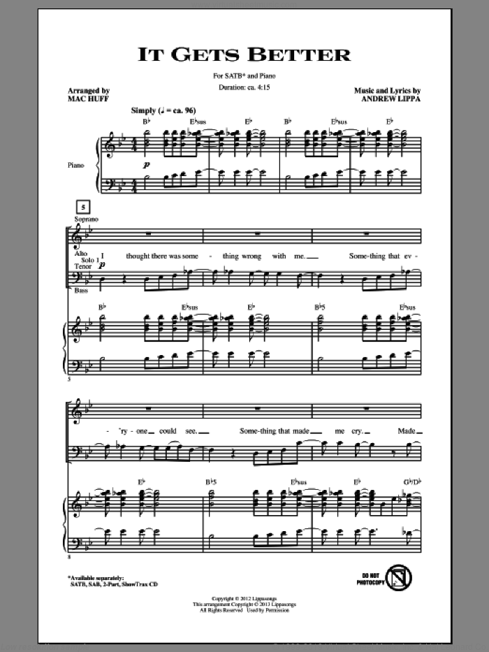 It Gets Better sheet music for choir (SATB: soprano, alto, tenor, bass) by Mac Huff and Andrew Lippa, intermediate skill level