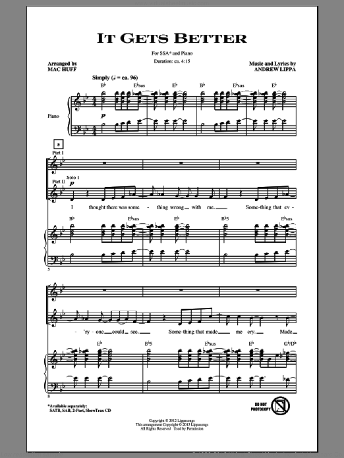 It Gets Better sheet music for choir (SSA: soprano, alto) by Mac Huff and Andrew Lippa, intermediate skill level