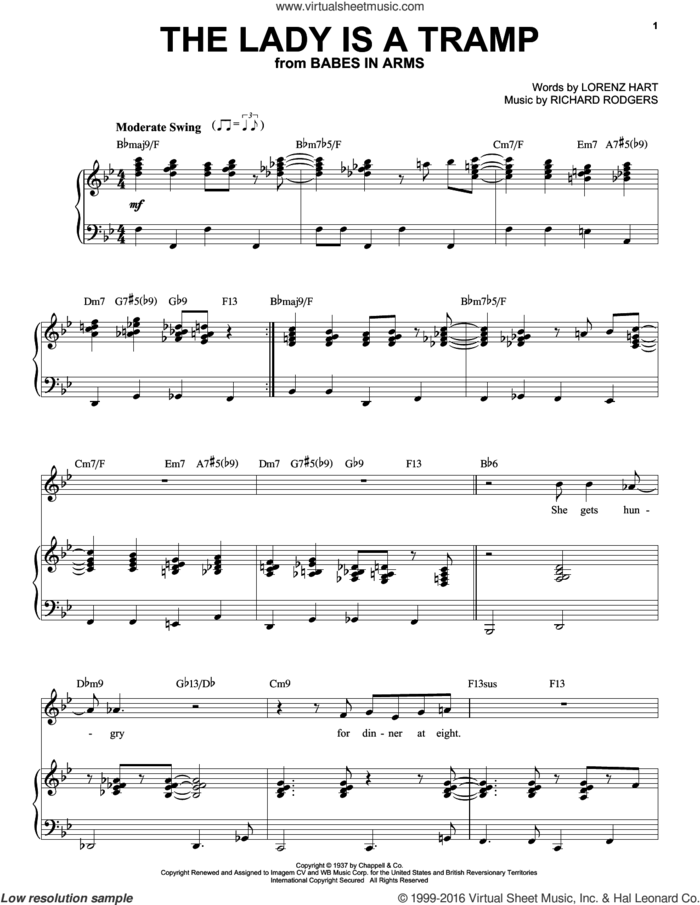 The Lady Is A Tramp sheet music for voice and piano by Frank Sinatra, Babes In Arms (Musical), Ella Fitzgerald, Lena Horne, Rodgers & Hart, Lorenz Hart and Richard Rodgers, intermediate skill level