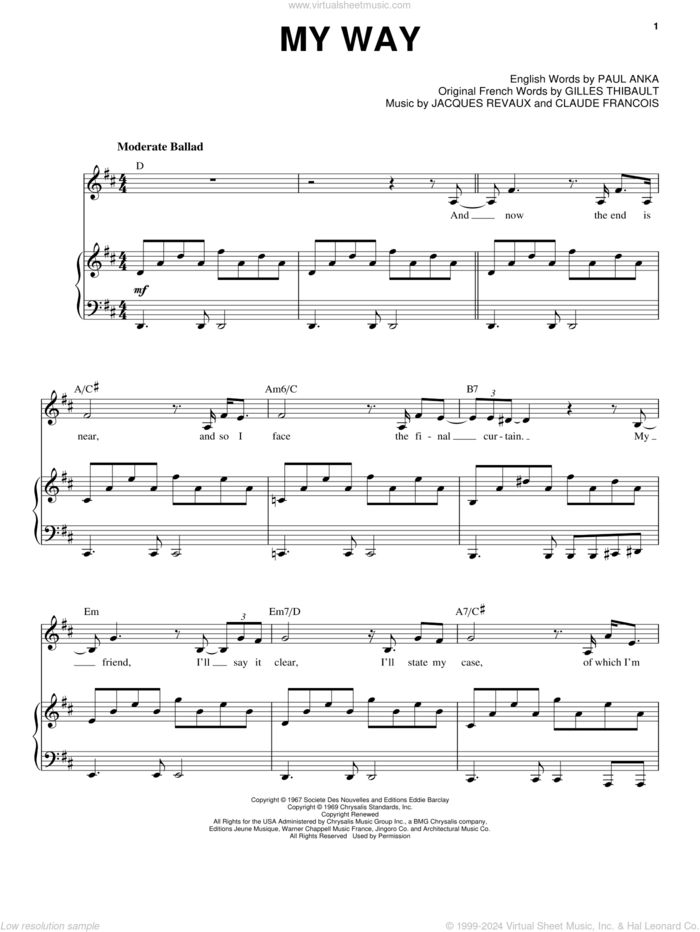 My Way sheet music for voice and piano by Frank Sinatra, Come Fly Away (Musical), Elvis Presley, Claude Francois, Gilles Thibault, Jacques Revaux and Paul Anka, intermediate skill level