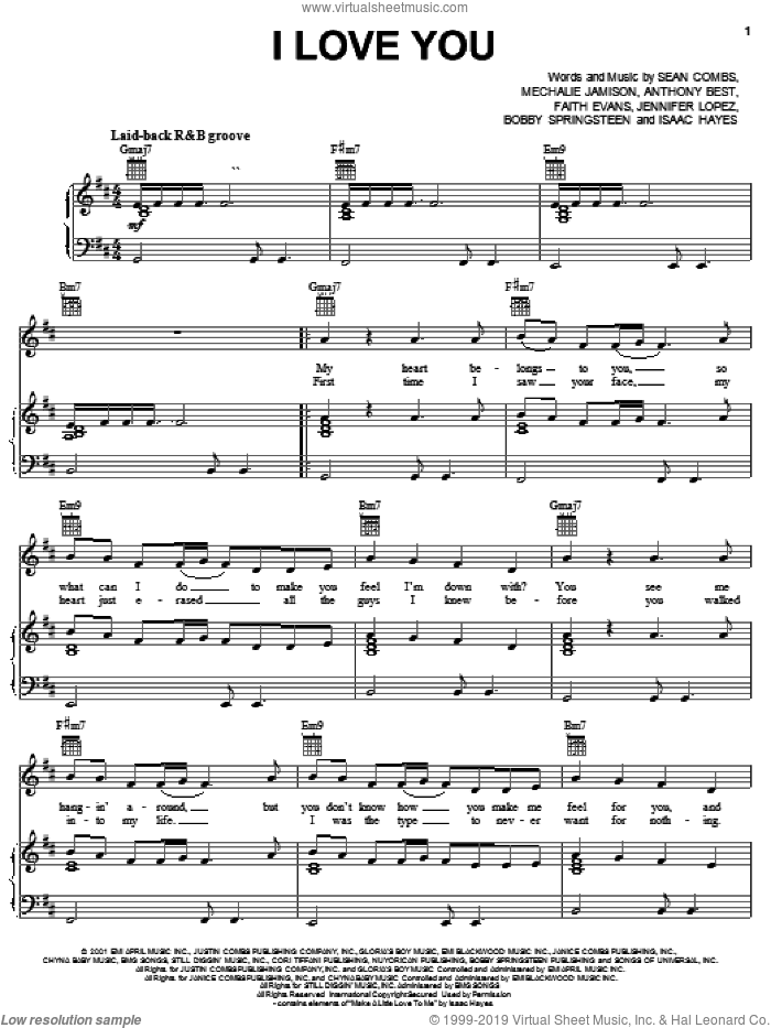 I Love You sheet music for voice, piano or guitar by Faith Evans, Anthony Best, Bobby Springsteen, Isaac Hayes, Jennifer Lopez, Mechalie Jamison and Sean Combs, intermediate skill level