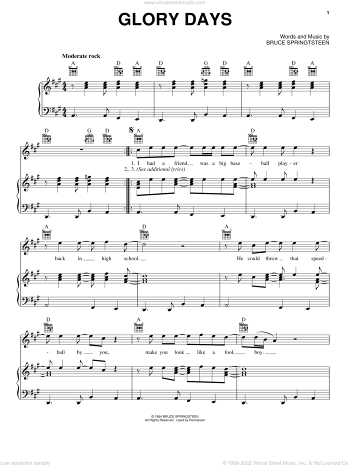 Glory Days sheet music for voice, piano or guitar by Bruce Springsteen, intermediate skill level