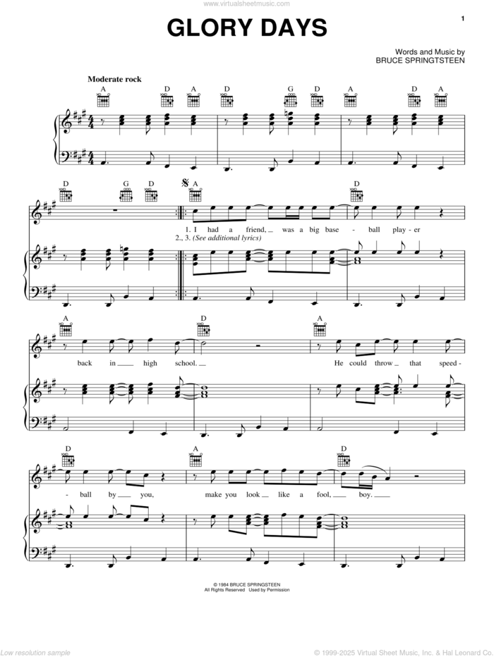 Glory Days sheet music for voice, piano or guitar by Bruce Springsteen, intermediate skill level