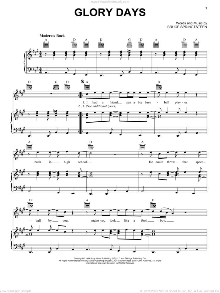 Glory Days sheet music for voice, piano or guitar by Bruce Springsteen, intermediate skill level