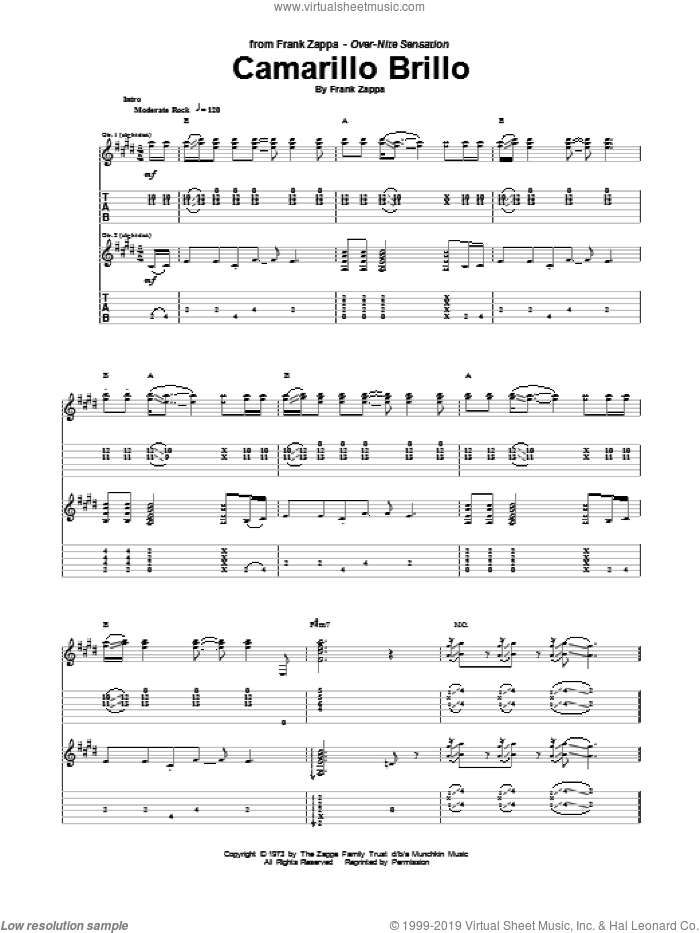 Camarillo Brillo sheet music for guitar (tablature) by Frank Zappa, intermediate skill level