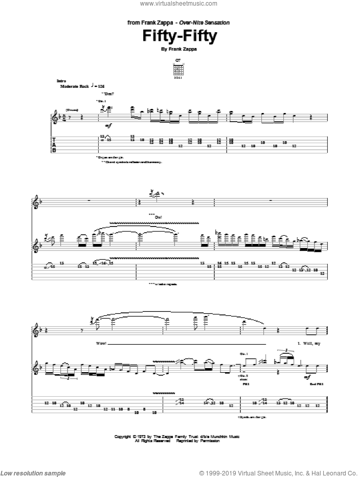 Fifty-Fifty sheet music for guitar (tablature) by Frank Zappa, intermediate skill level