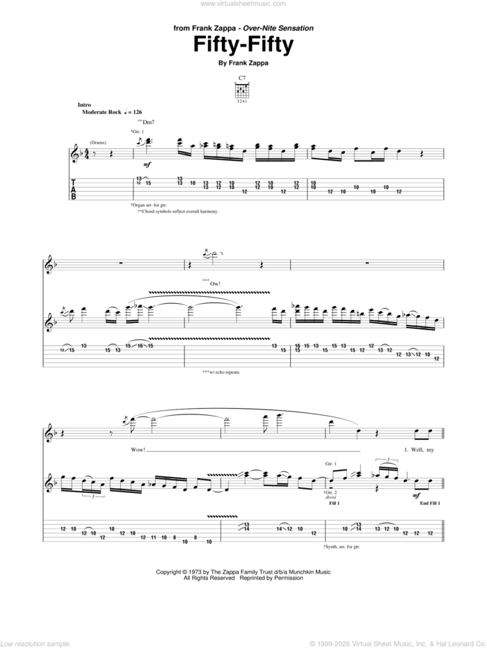 Fifty-Fifty sheet music for guitar (tablature) by Frank Zappa, intermediate skill level