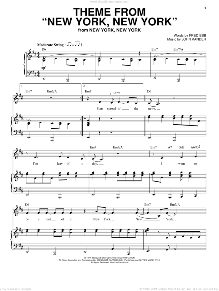 Theme From 'New York, New York' sheet music for voice and piano by Frank Sinatra, Come Fly Away (Musical), Kander & Ebb, Liza Minnelli, Fred Ebb and John Kander, intermediate skill level
