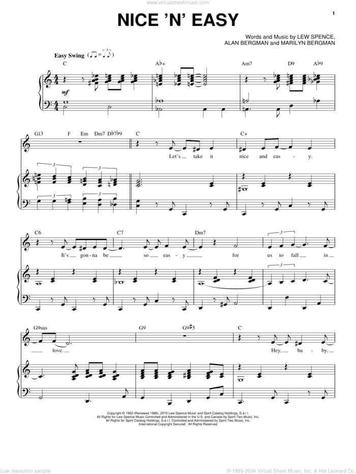 Nice 'n' Easy sheet music for voice and piano by Frank Sinatra, Come Fly Away (Musical), Alan Bergman, Lew Spence and Marilyn Bergman, intermediate skill level