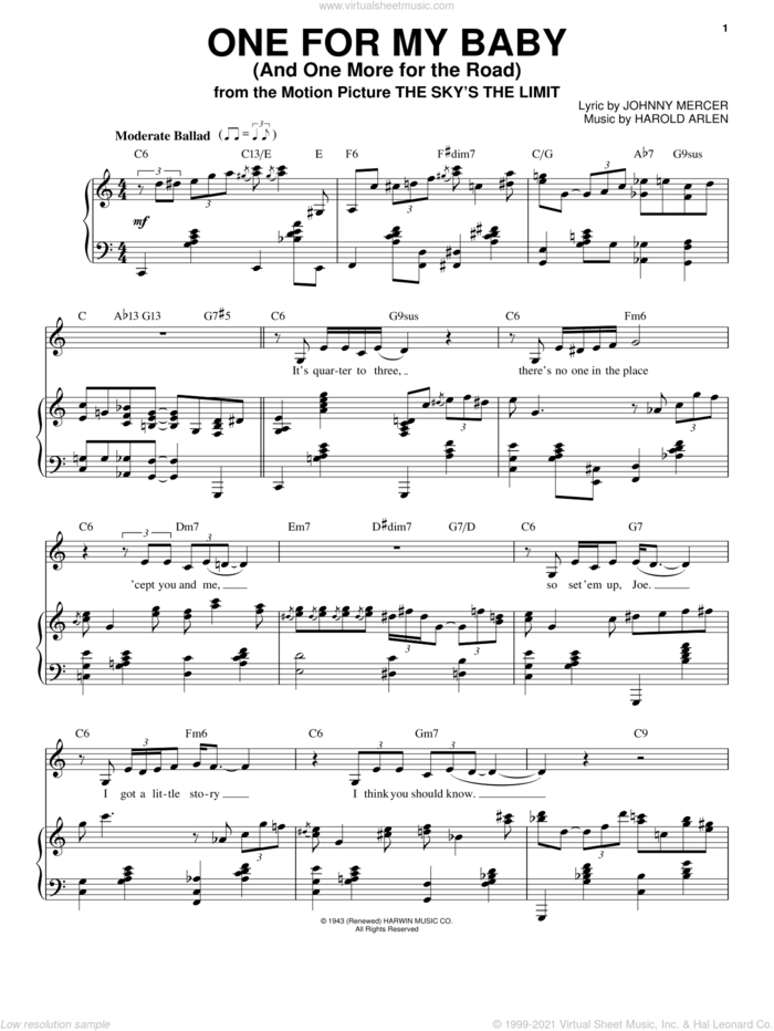 One For My Baby (And One More For The Road) sheet music for voice and piano by Frank Sinatra, Come Fly Away (Musical), Harold Arlen and Johnny Mercer, intermediate skill level