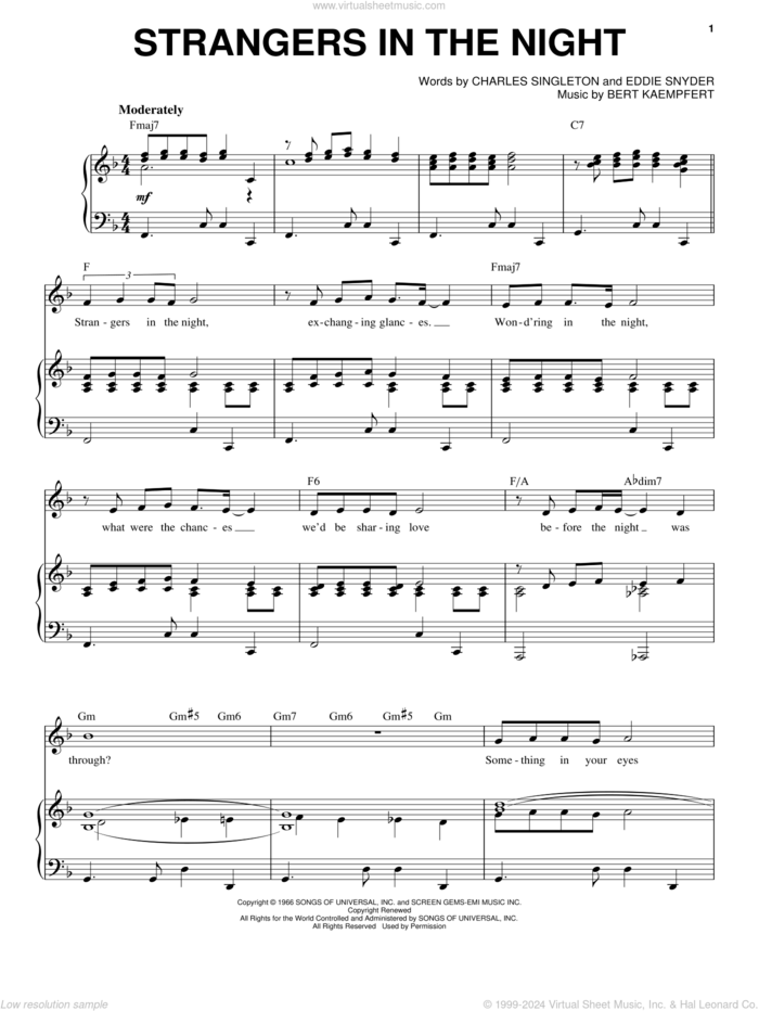 Strangers In The Night sheet music for voice and piano by Frank Sinatra, Bert Kaempfert, Charles Singleton and Eddie Snyder, intermediate skill level