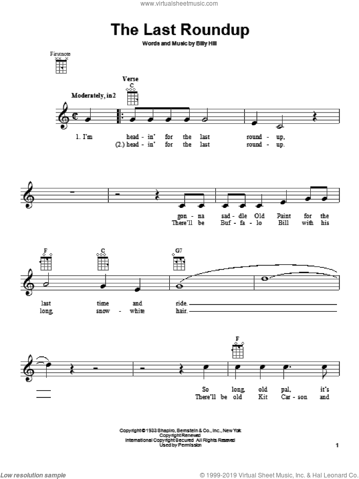 The Last Roundup sheet music for ukulele by Gene Autry, intermediate skill level