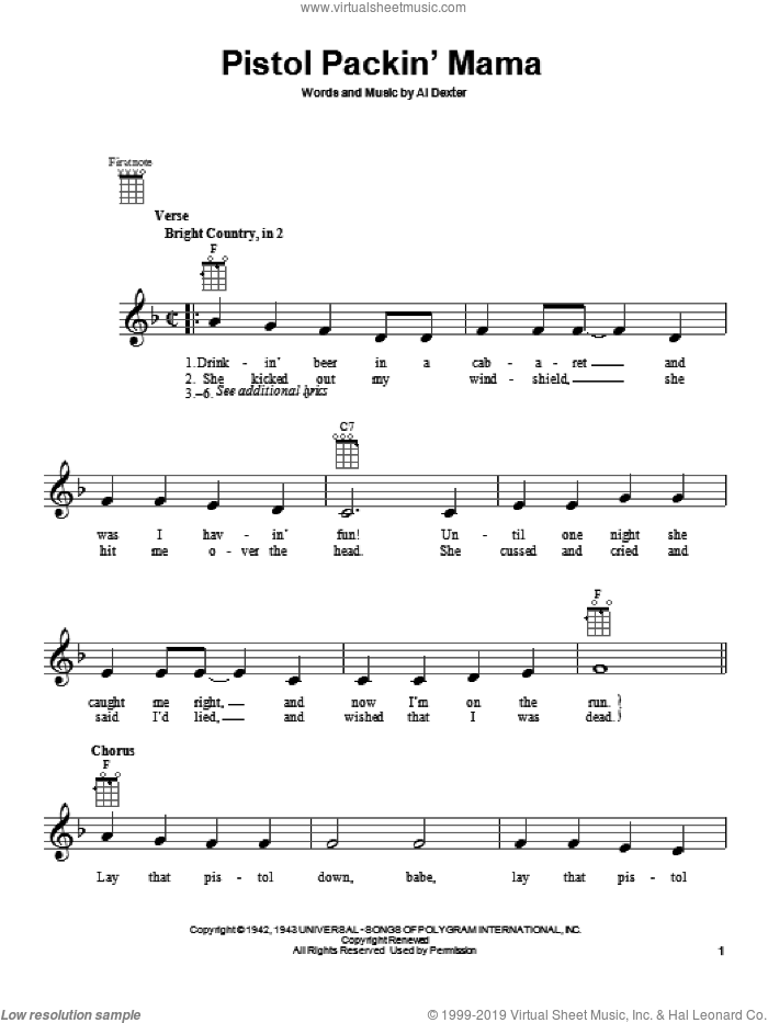 Pistol Packin' Mama sheet music for ukulele by Al Dexter, intermediate skill level