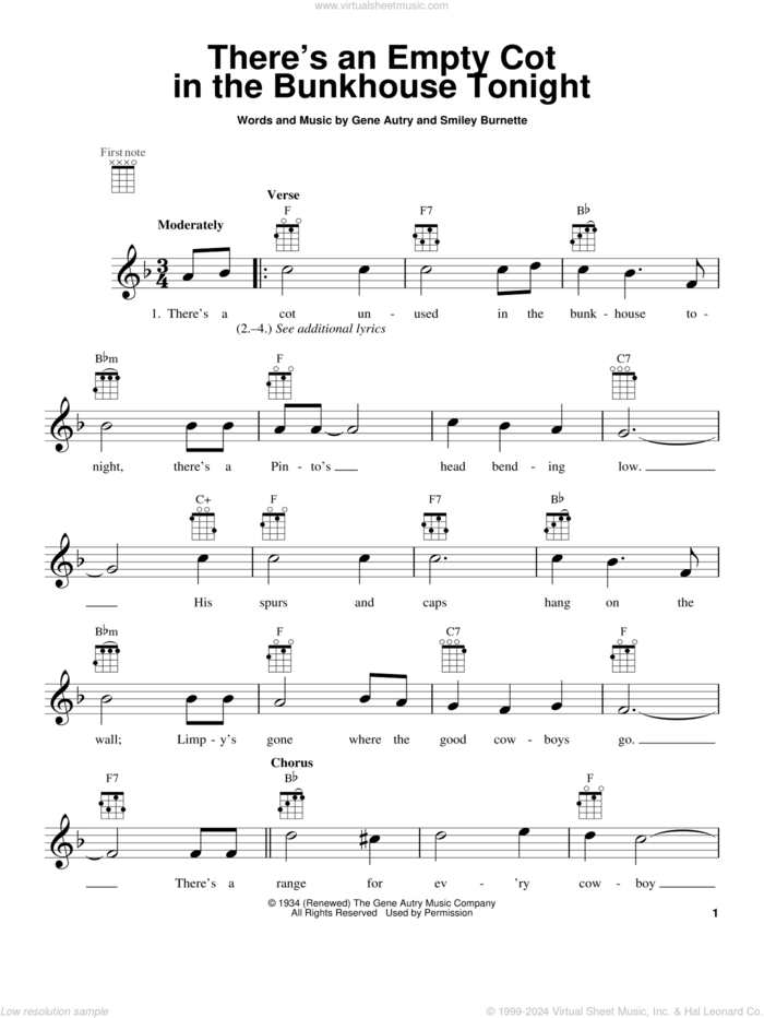There's An Empty Cot In The Bunkhouse Tonight sheet music for ukulele by Gene Autry, intermediate skill level