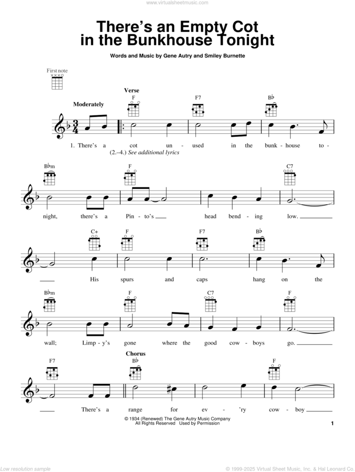 There's An Empty Cot In The Bunkhouse Tonight sheet music for ukulele by Gene Autry, intermediate skill level