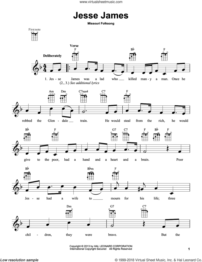 Jesse James sheet music for ukulele by Missouri Folksong, intermediate skill level