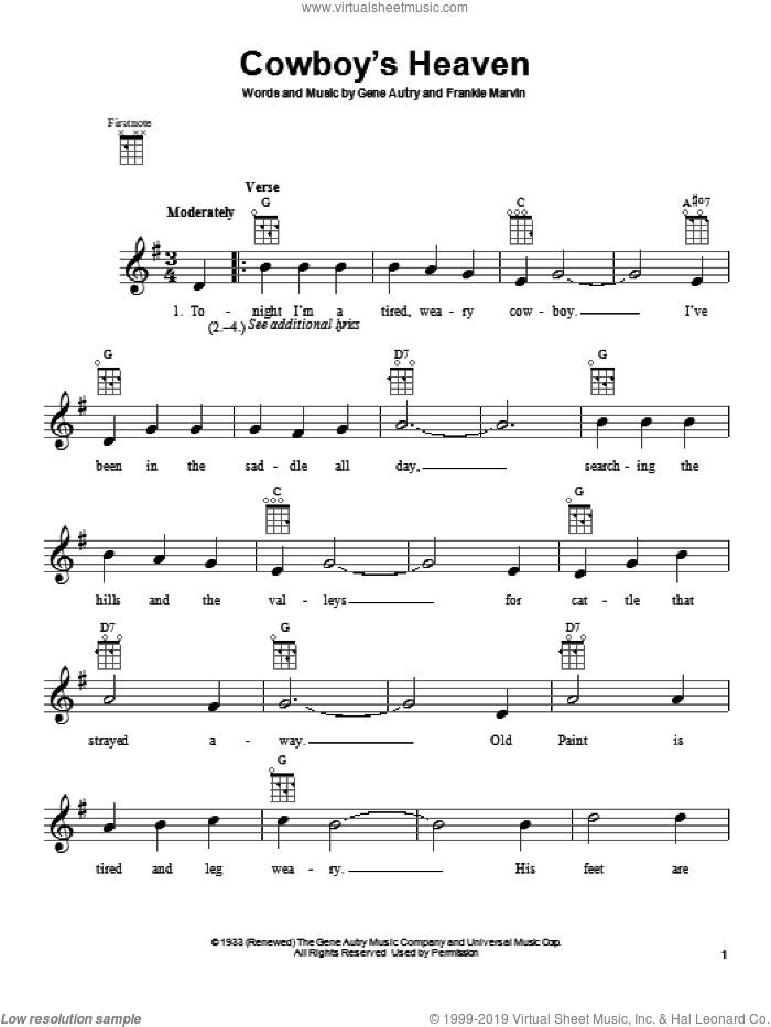 Cowboy's Heaven sheet music for ukulele by Gene Autry and Frankie Marvin, intermediate skill level