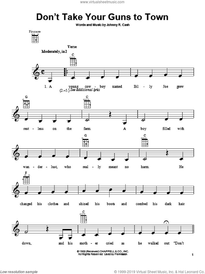 Don't Take Your Guns To Town sheet music for ukulele by Johnny Cash, intermediate skill level