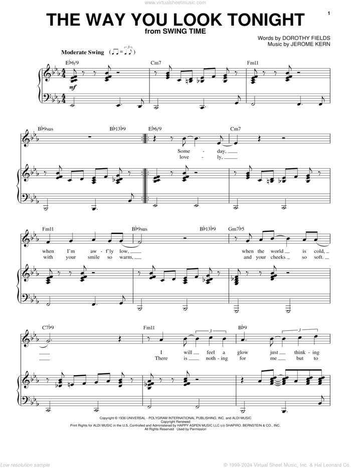 The Way You Look Tonight sheet music for voice and piano by Frank Sinatra, Dorothy Fields and Jerome Kern, wedding score, intermediate skill level