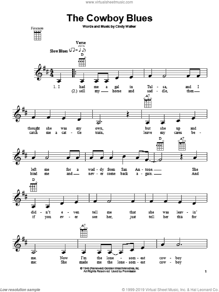 The Cowboy Blues sheet music for ukulele by Cindy Walker, intermediate skill level