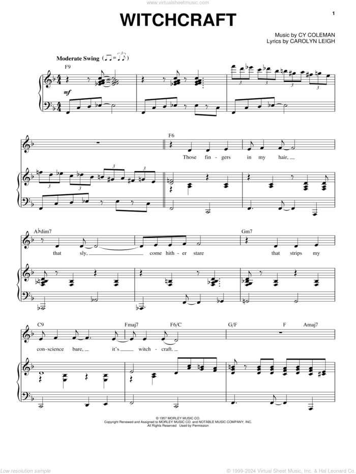 Witchcraft sheet music for voice and piano by Frank Sinatra, Come Fly Away (Musical), Carolyn Leigh and Cy Coleman, intermediate skill level