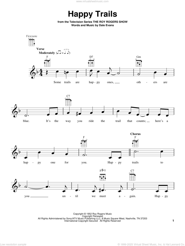 Happy Trails sheet music for ukulele by Roy Rogers and Dale Evans, intermediate skill level