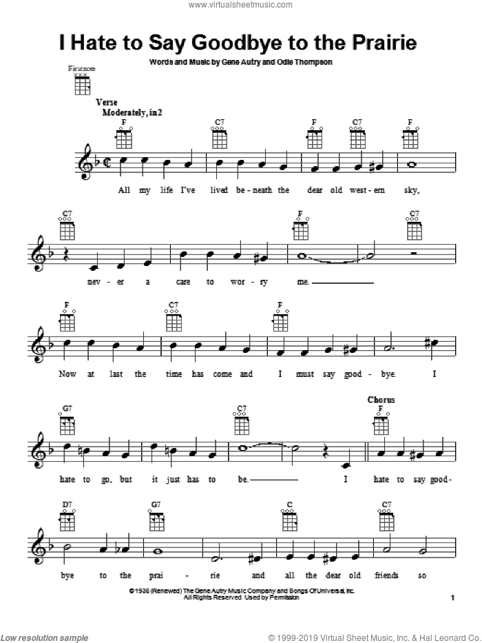 I Hate To Say Goodbye To The Prairie sheet music for ukulele by Gene Autry and Odie Thompson, intermediate skill level