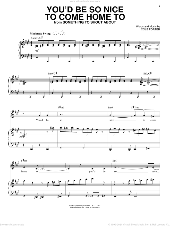 You'd Be So Nice To Come Home To sheet music for voice and piano by Frank Sinatra and Cole Porter, intermediate skill level