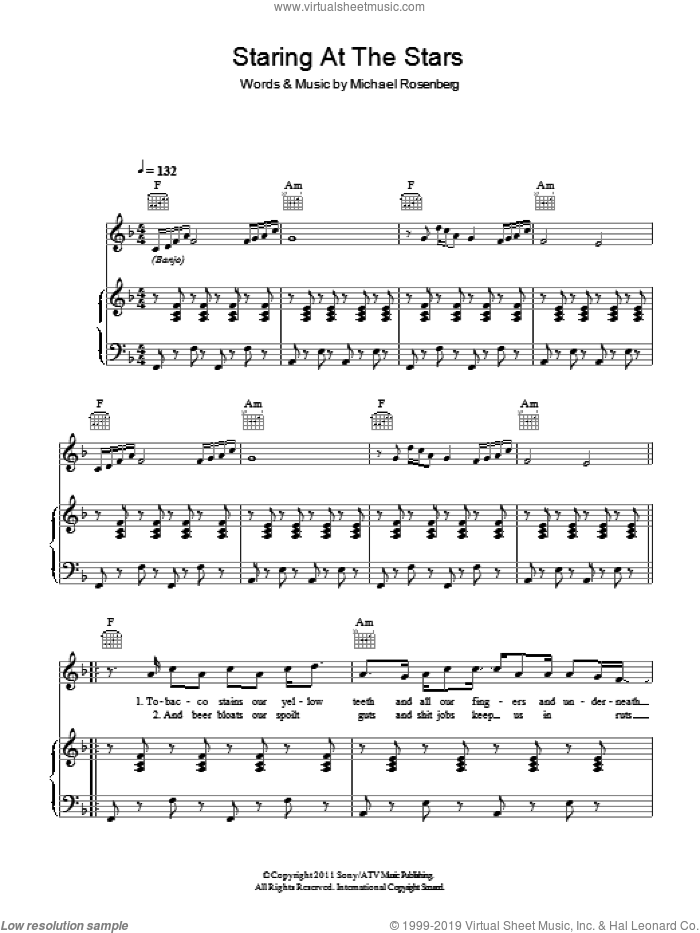 Staring At The Stars sheet music for voice, piano or guitar by Passenger and Michael Rosenberg, intermediate skill level
