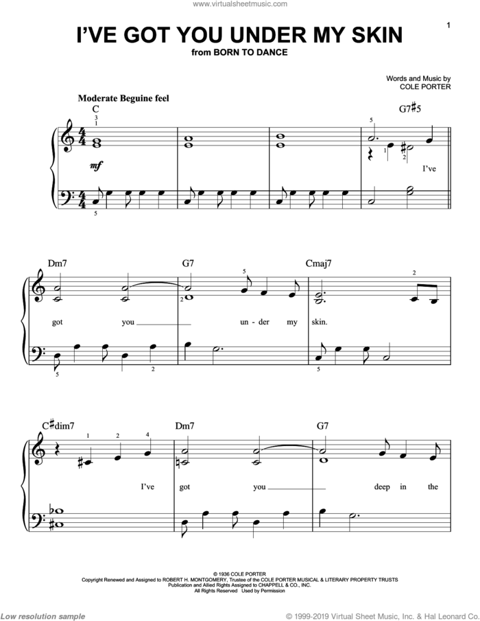 I've Got You Under My Skin sheet music for piano solo by Frank Sinatra and Cole Porter, easy skill level