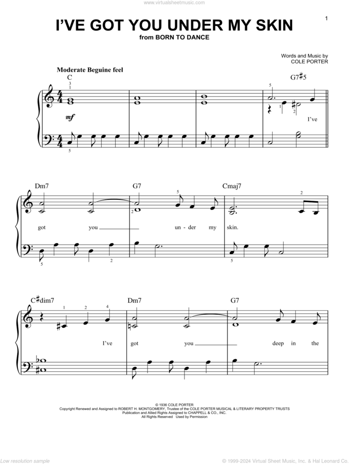 I've Got You Under My Skin sheet music for piano solo by Frank Sinatra and Cole Porter, easy skill level