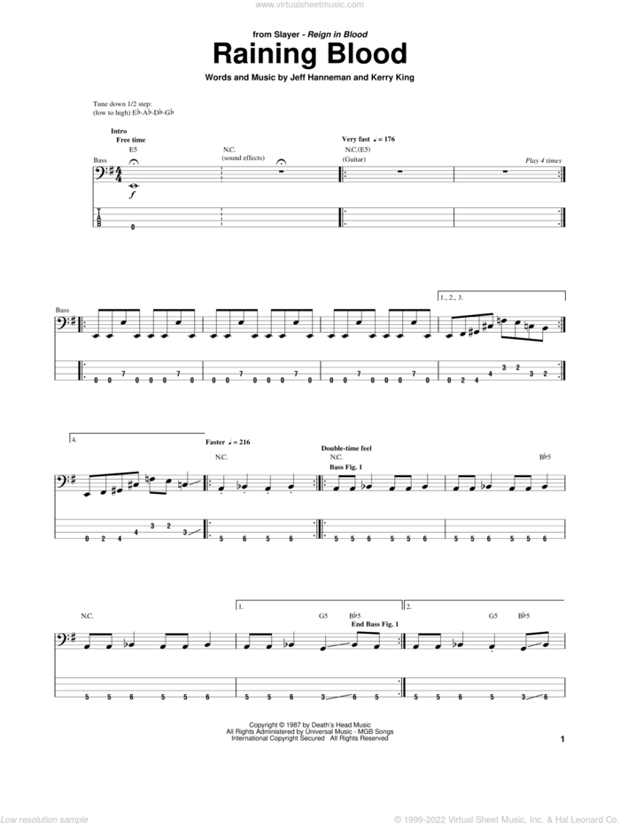 Raining Blood sheet music for bass (tablature) (bass guitar) by Slayer, intermediate skill level