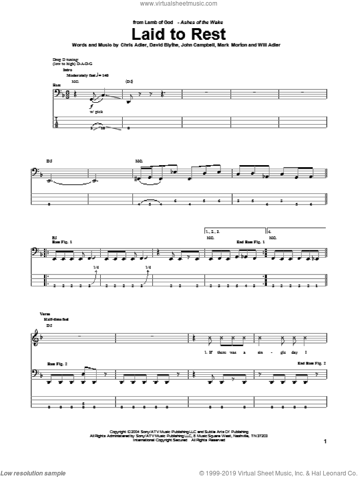 Laid To Rest sheet music for bass (tablature) (bass guitar) by Lamb Of God, intermediate skill level