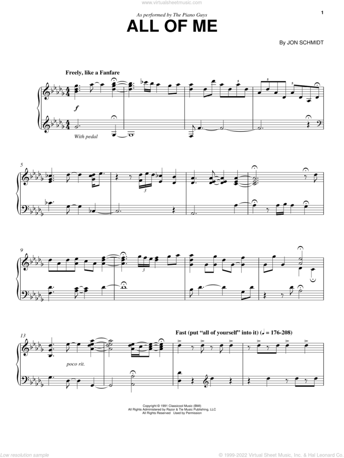 All Of Me, (intermediate) sheet music for piano solo by The Piano Guys and Jon Schmidt, intermediate skill level