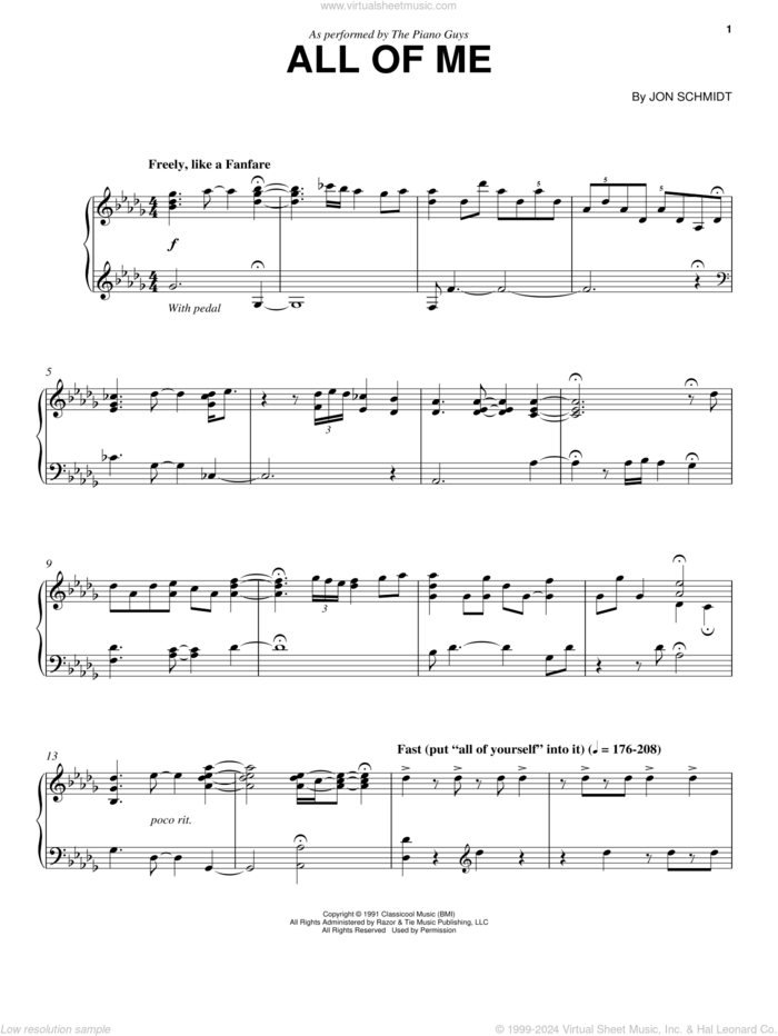 All Of Me, (intermediate) sheet music for piano solo by The Piano Guys and Jon Schmidt, intermediate skill level